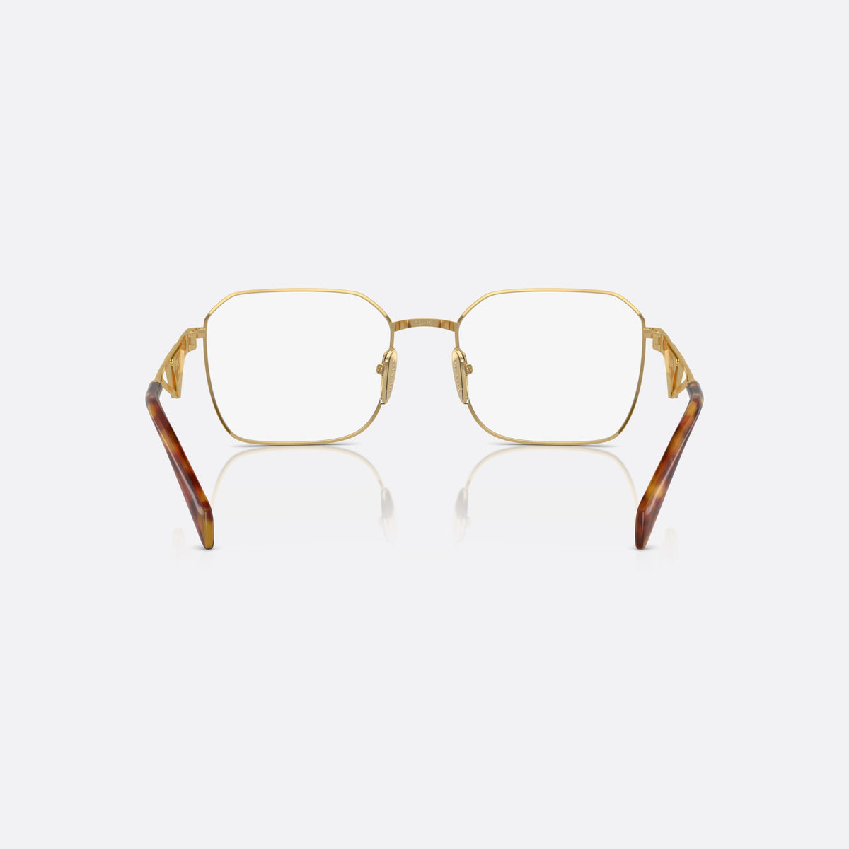 Prada PR A51V 5AK-1O1 I eyeglasses, gold geometric frame for women, plain metal bridge, brand logo plaque on temples, back view