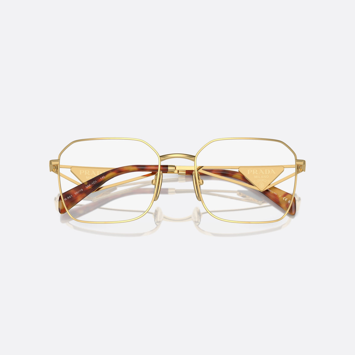 Prada PR A51V 5AK-1O1 I eyeglasses, gold geometric frame for women, plain metal bridge, brand logo plaque on temples, folded