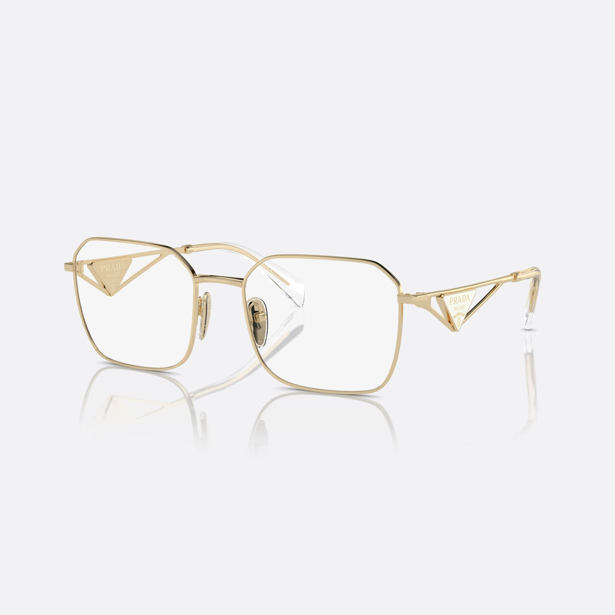 Prada PR A51V ZVN-1O1 B eyeglasses, gold geometric frame for women, plain metal bridge, brand logo on temples