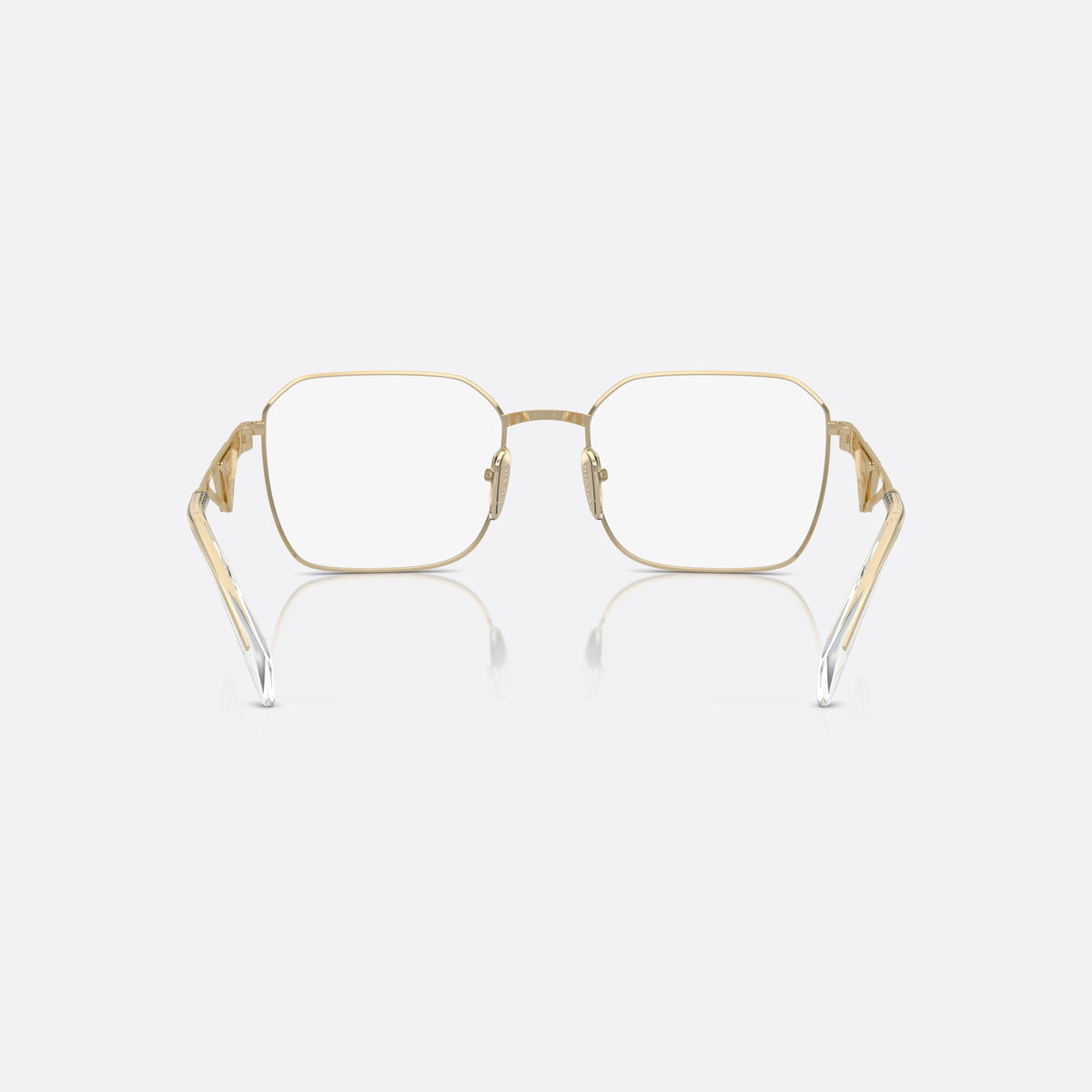 Prada PR A51V ZVN-1O1 B eyeglasses, gold geometric frame for women, plain metal bridge, brand logo on temples, back view