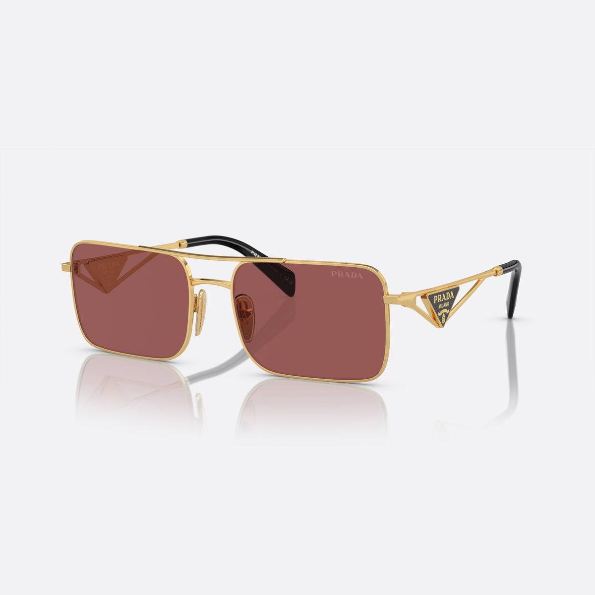 Prada PR A52S 5AK-08S sunglasses, gold rectangular frame for women, double bridge with top bar, brand lettering on temples