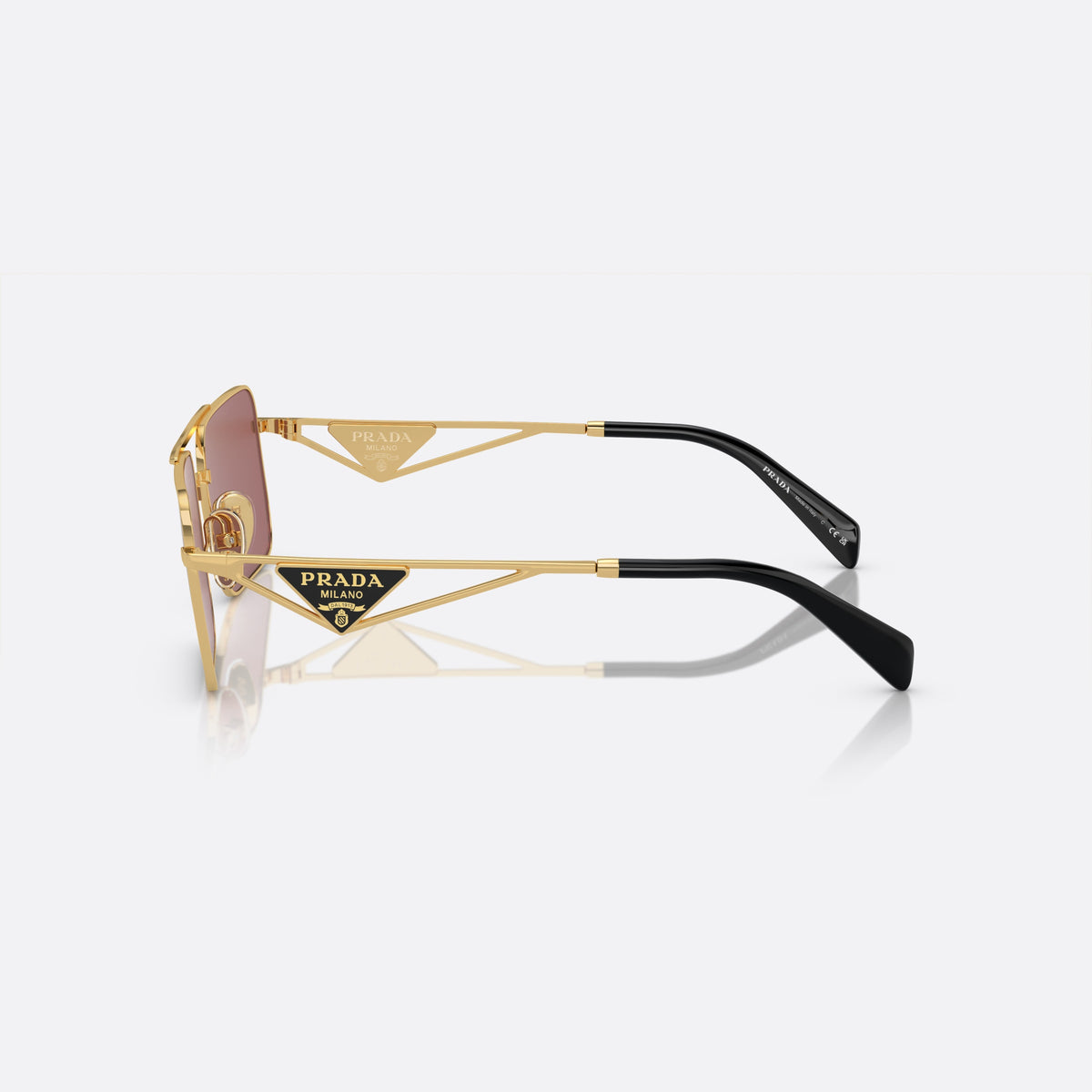 Prada PR A52S 5AK-08S sunglasses, gold rectangular frame for women, double bridge with top bar, brand lettering on temples
