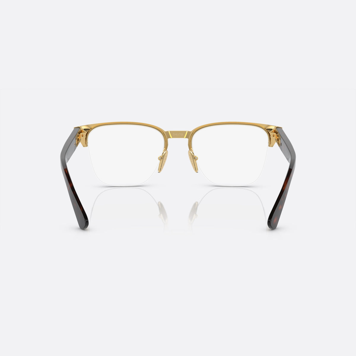Prada PR A52V 01U-1O1 N eyeglasses, brown geometric frame for men, plain metal bridge, brand lettering on temples, back view