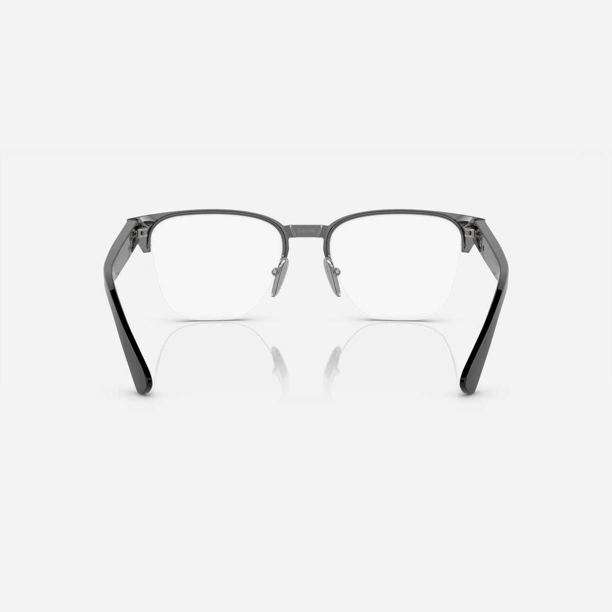 Prada PR A52V 5AV-1O1 C eyeglasses, grey geometric frame for men, metal bridge with flat plate, brand lettering on the temples, back view