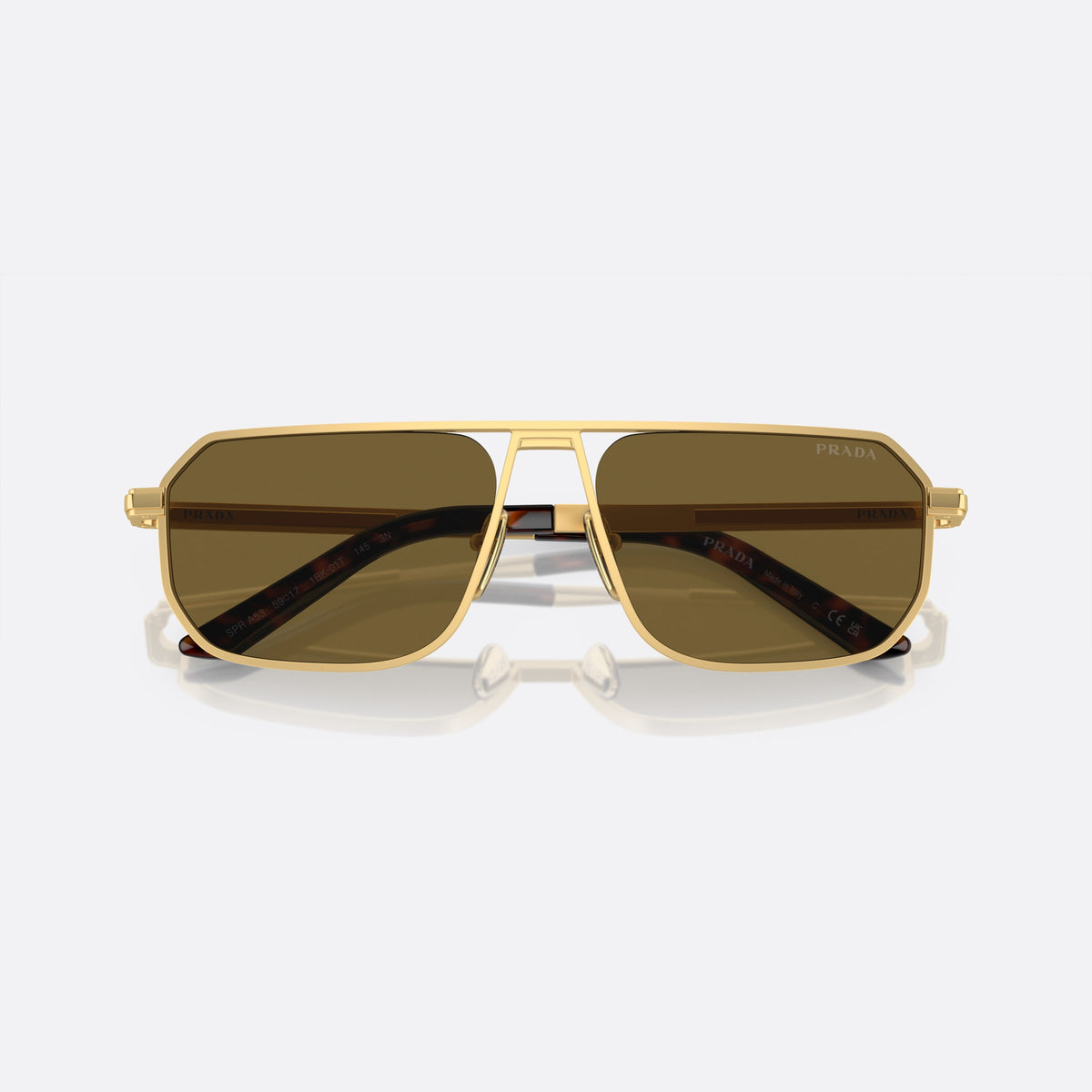 Prada PR A53S 1BK-01T sunglasses, gold geometric frame for men, double bridge with top bar, full-rim metal frame, folded