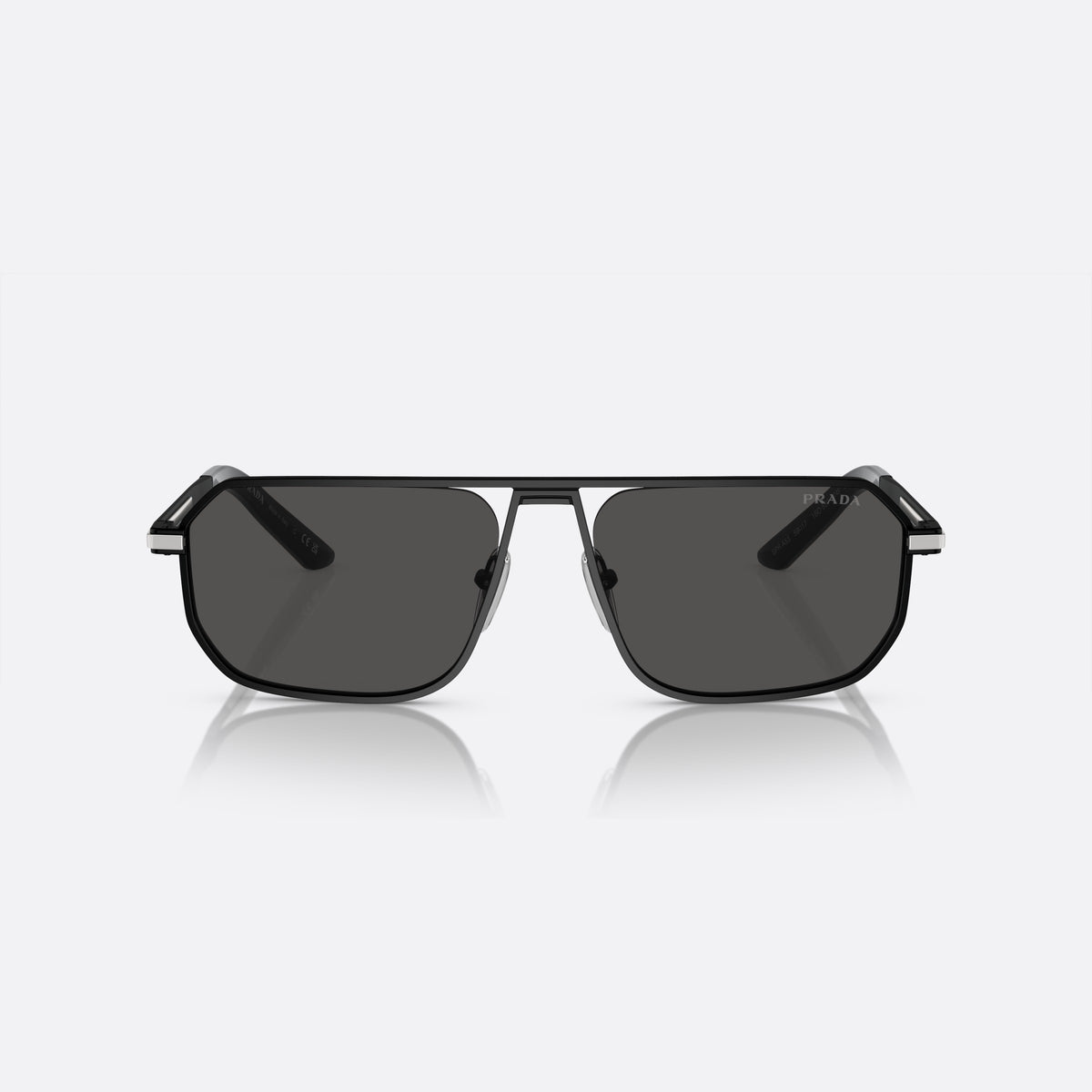 Ochelari de soare Prada PR A53S 1BO-5S0 V, rectangulari negru, pentru bărbați, punte dublă cu bară metalică, literele brandului pe brațe