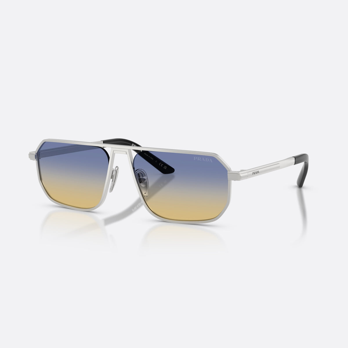 Prada PR A53S 27506Z sunglasses, silver pillow frame for men, double bridge with metal crossbar, brand logo on the lens
