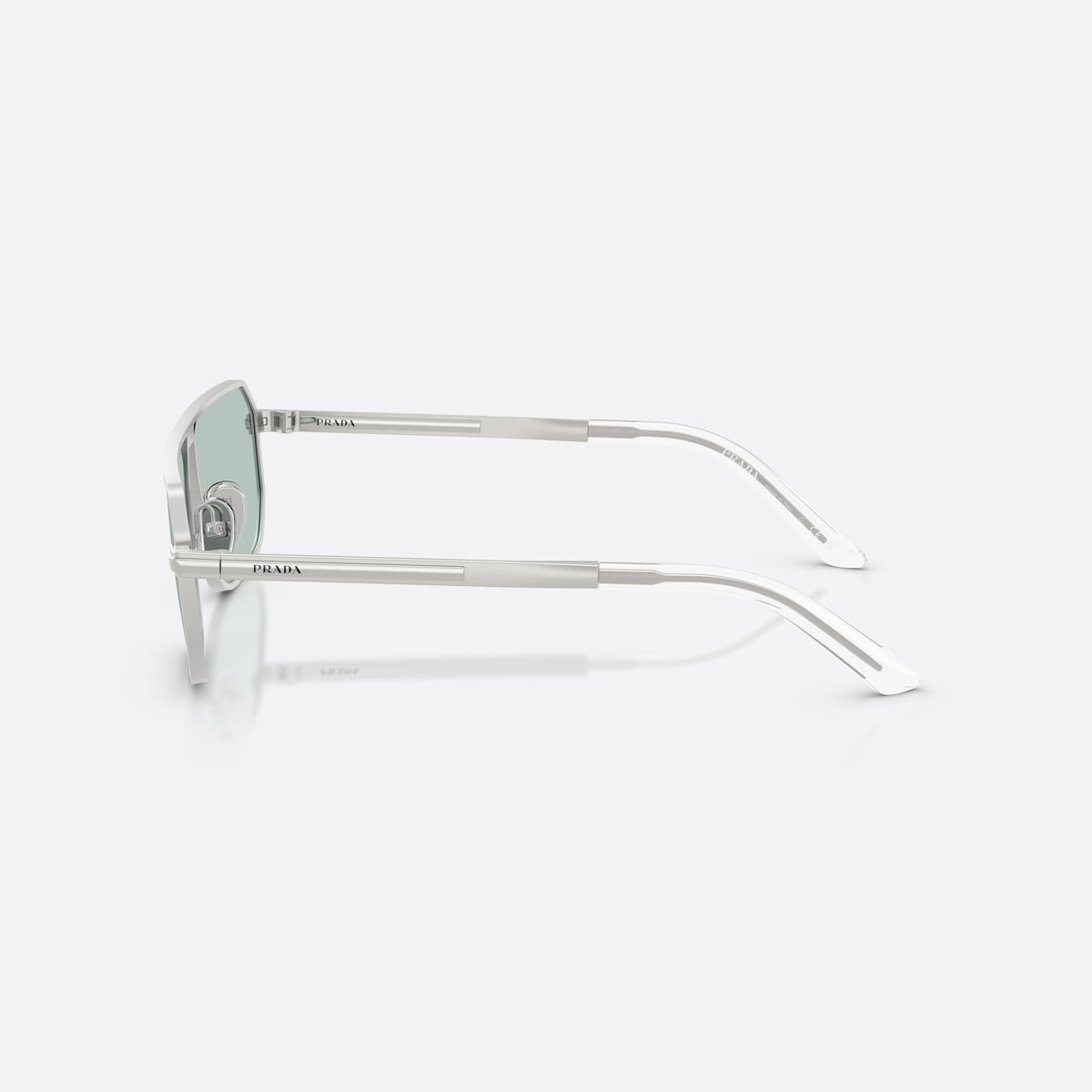 Ochelari de soare Prada PR A53S 27540N, pillow argintiu, pentru bărbați, punte dublă cu bară superioară, literele brandului pe brațe, vedere laterală