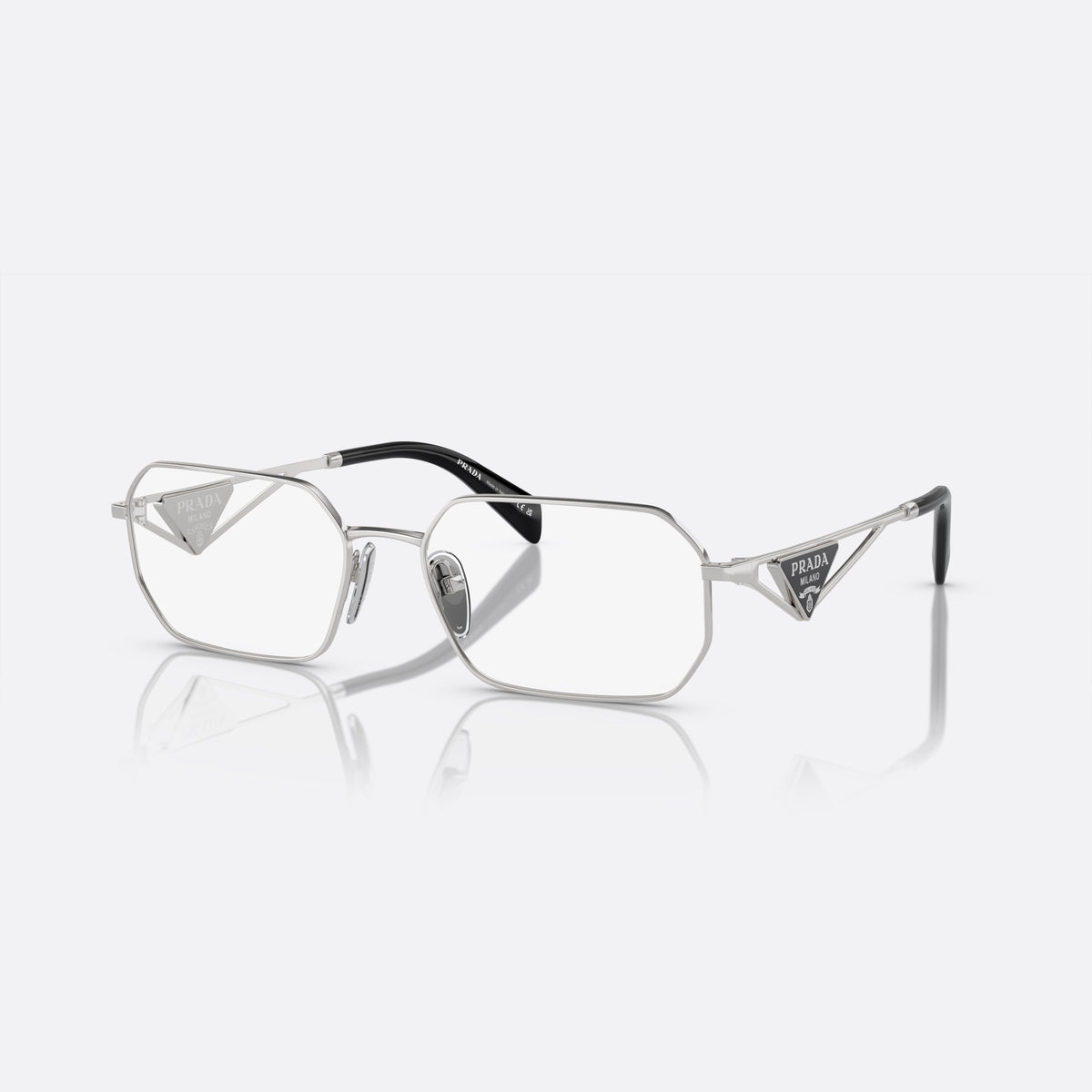 Rame ochelari de vedere Prada PR A53V 1BC-1O1 C, geometrica argintiu, pentru femei, punte metalică subțire, litere ale brandului pe placă