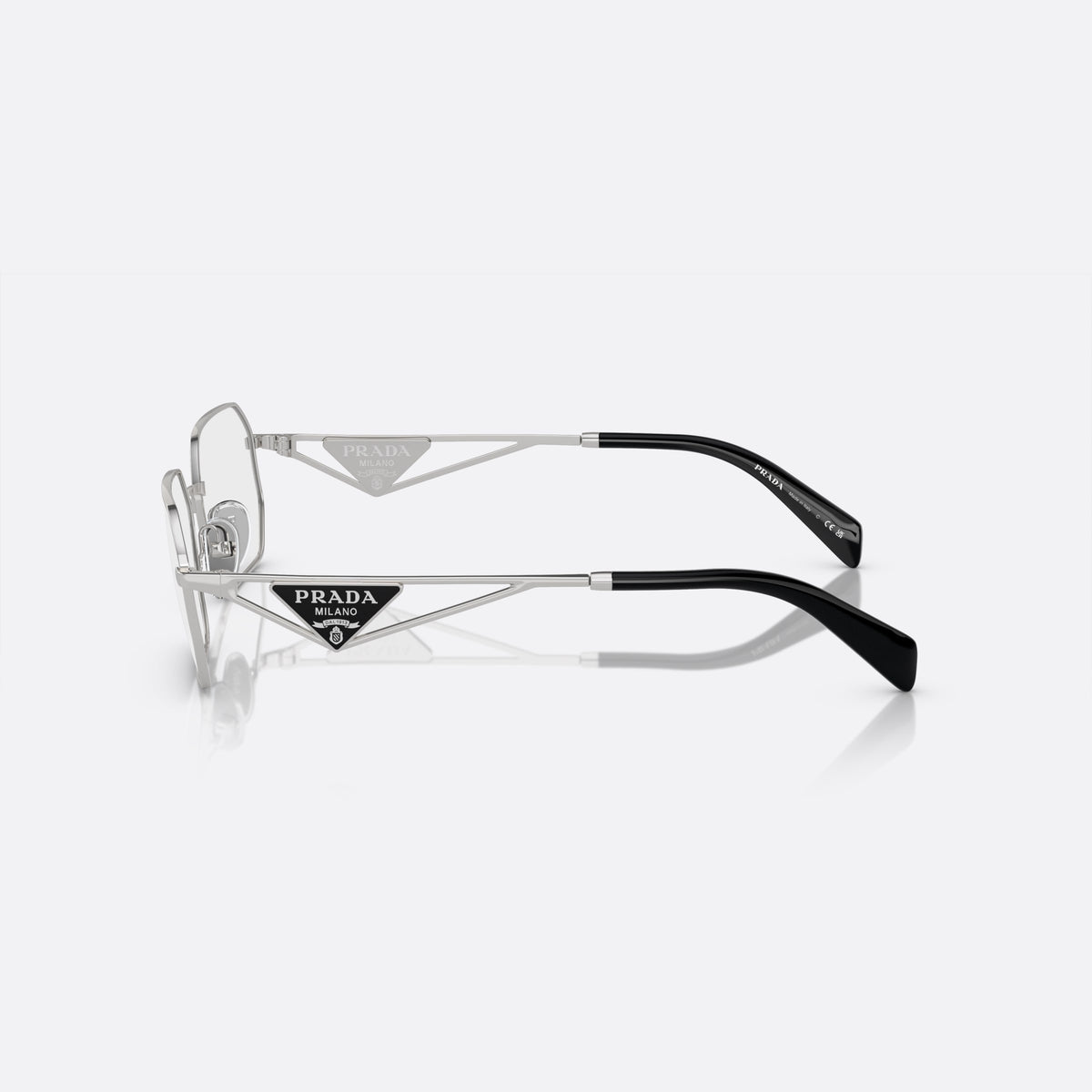 Rame ochelari de vedere Prada PR A53V 1BC-1O1 C, geometrica argintiu, pentru femei, punte metalică subțire, litere ale brandului pe placă, vedere laterală