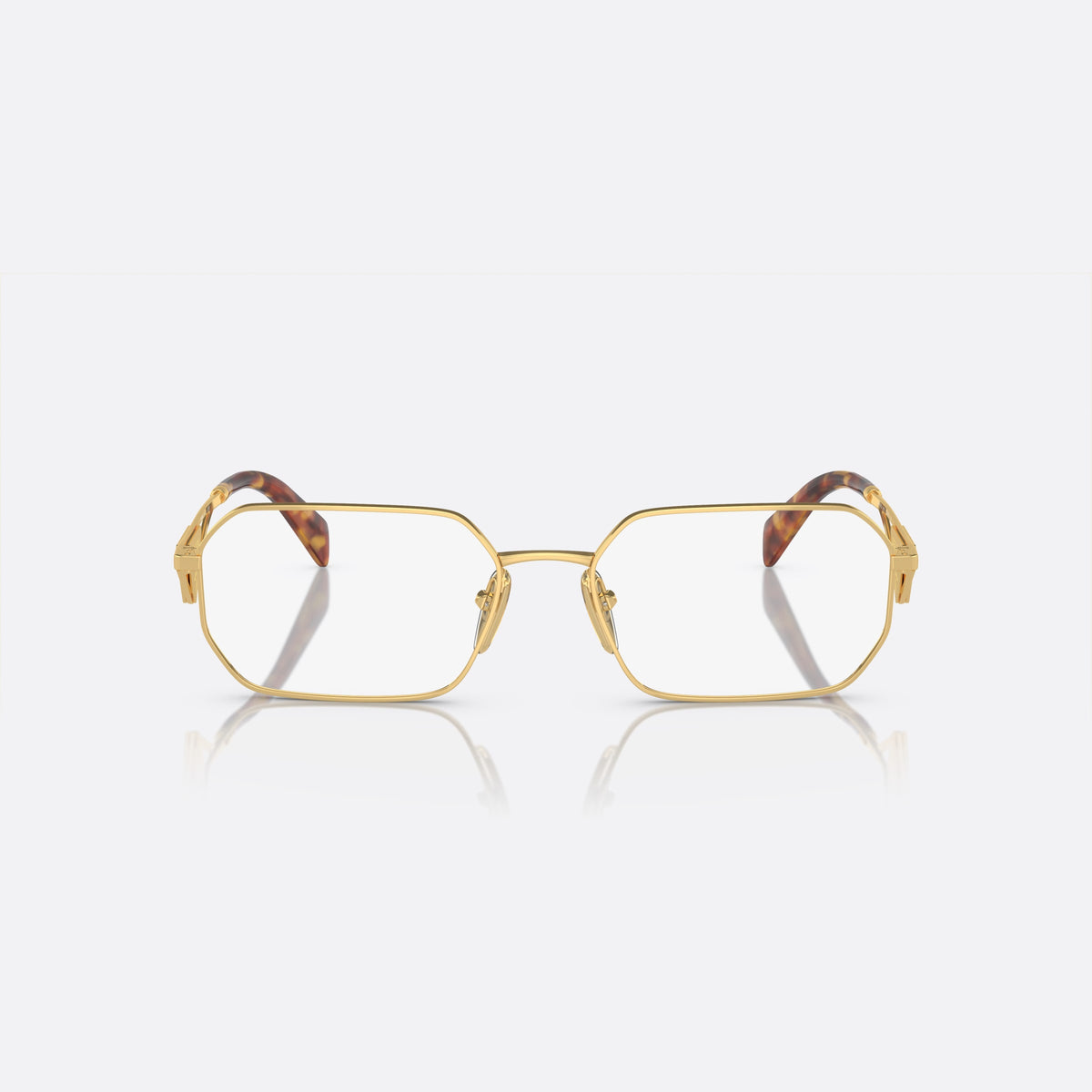 Rame ochelari de vedere Prada PR A53V 5AK-1O1 I, geometrica auriu, pentru femei, punte metalică simplă, placă cu logo pe brațe, vedere din față
