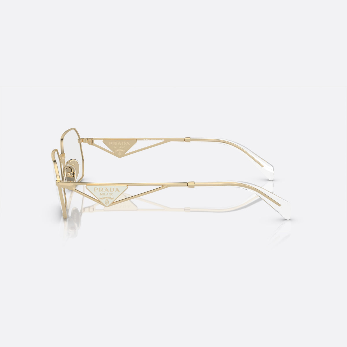 Prada PR A53V ZVN-1O1 B eyeglasses, gold geometric frame for women, plain metal bridge, brand lettering on temples, side view