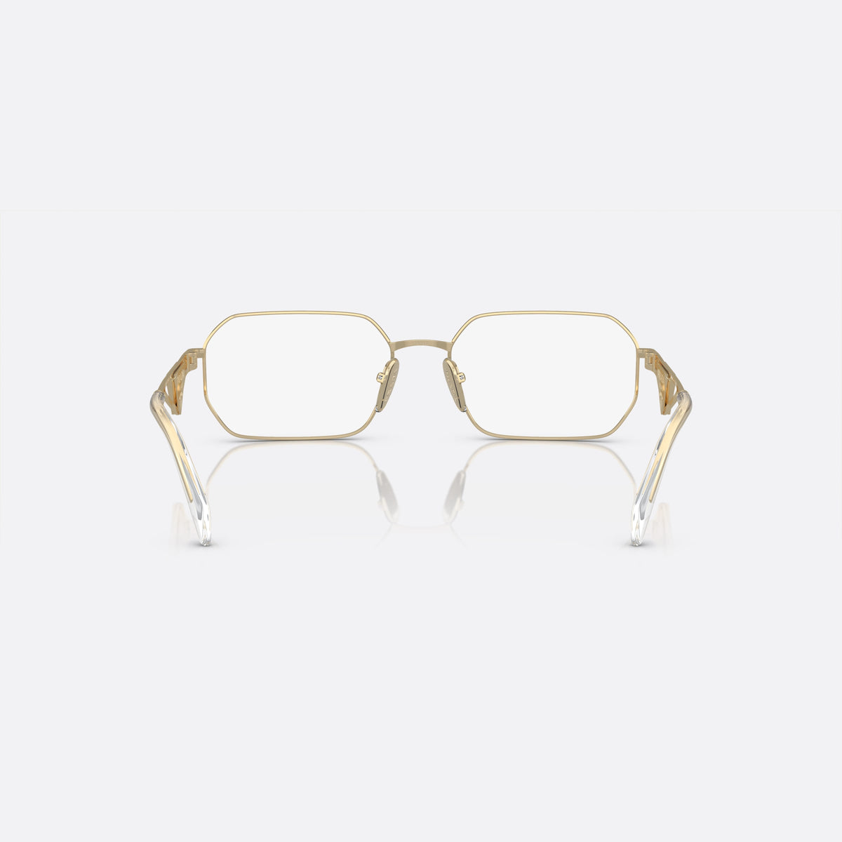 Prada PR A53V ZVN-1O1 B eyeglasses, gold geometric frame for women, plain metal bridge, brand lettering on temples, back view