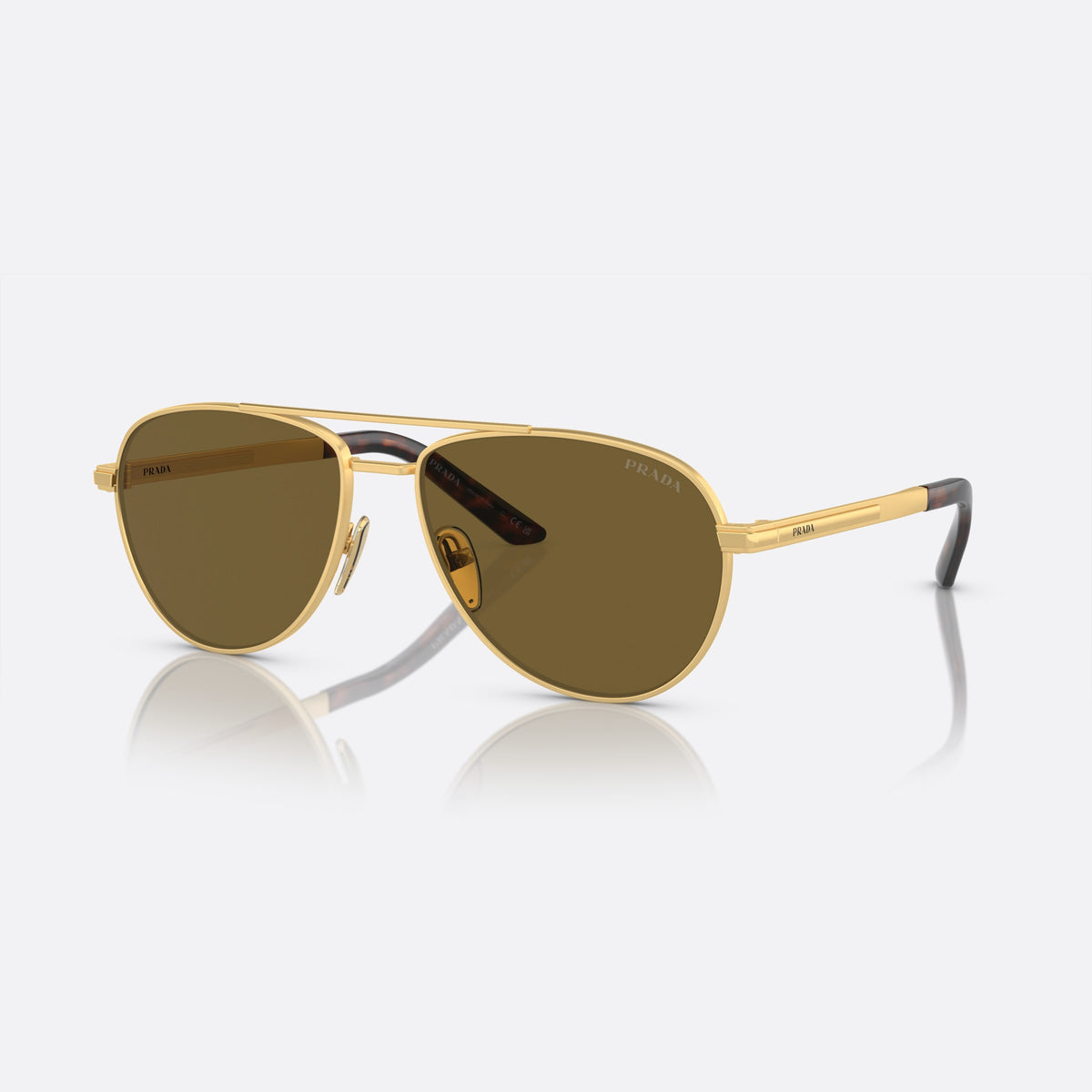 Prada PR A54S 1BK-01T sunglasses, gold geometric frame for men, double bridge with top bar, brand lettering on the temples