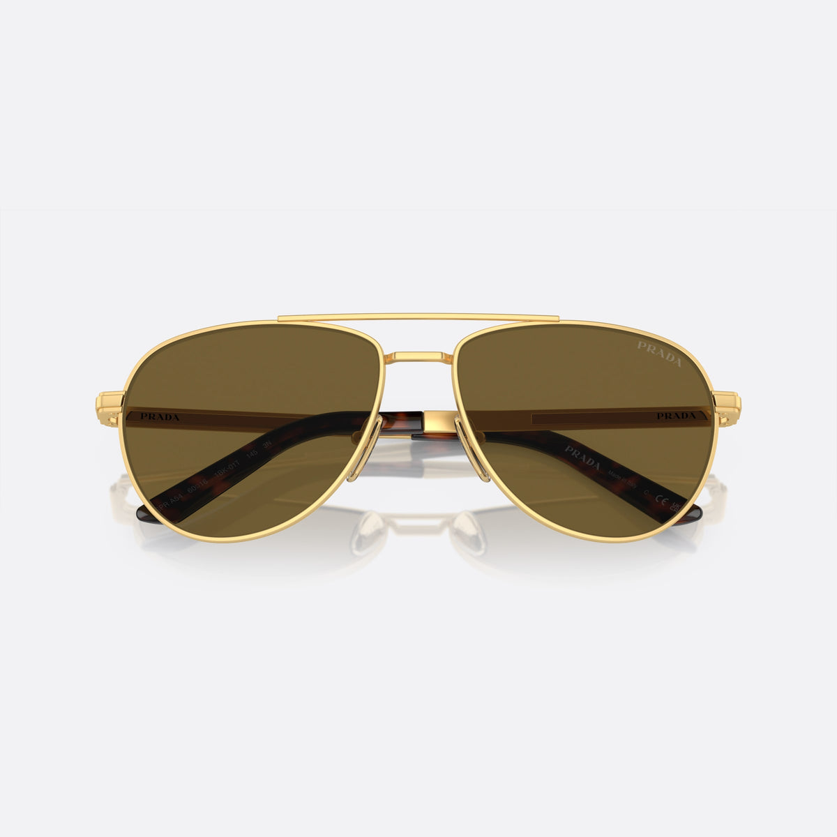 Prada PR A54S 1BK-01T sunglasses, gold geometric frame for men, double bridge with top bar, brand lettering on the temples, folded