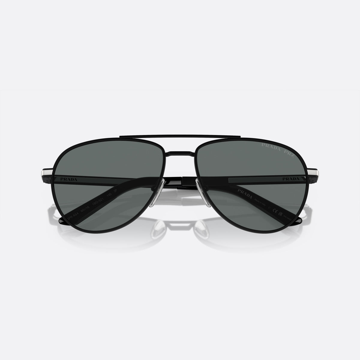 Prada PR A54S 1BO-5Z1 sunglasses, black geometric frame for men, double bridge with metal top bar, folded