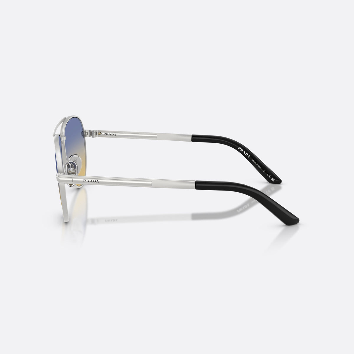 Prada PR A54S 27506Z sunglasses, silver pilot frame for men, double bridge with top bar, brand lettering on temples, side view