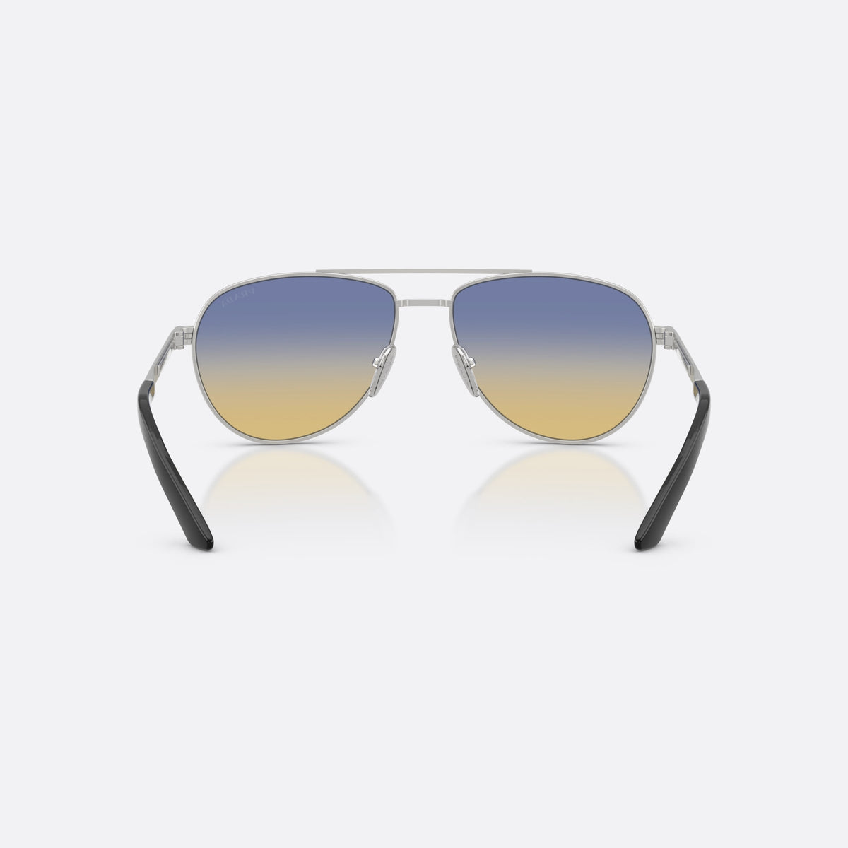 Prada PR A54S 27506Z sunglasses, silver pilot frame for men, double bridge with top bar, brand lettering on temples, back view