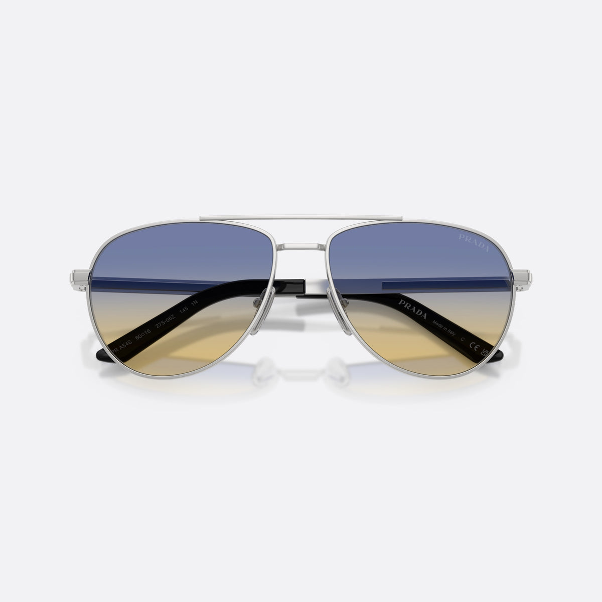 Prada PR A54S 27506Z sunglasses, silver pilot frame for men, double bridge with top bar, brand lettering on temples, folded