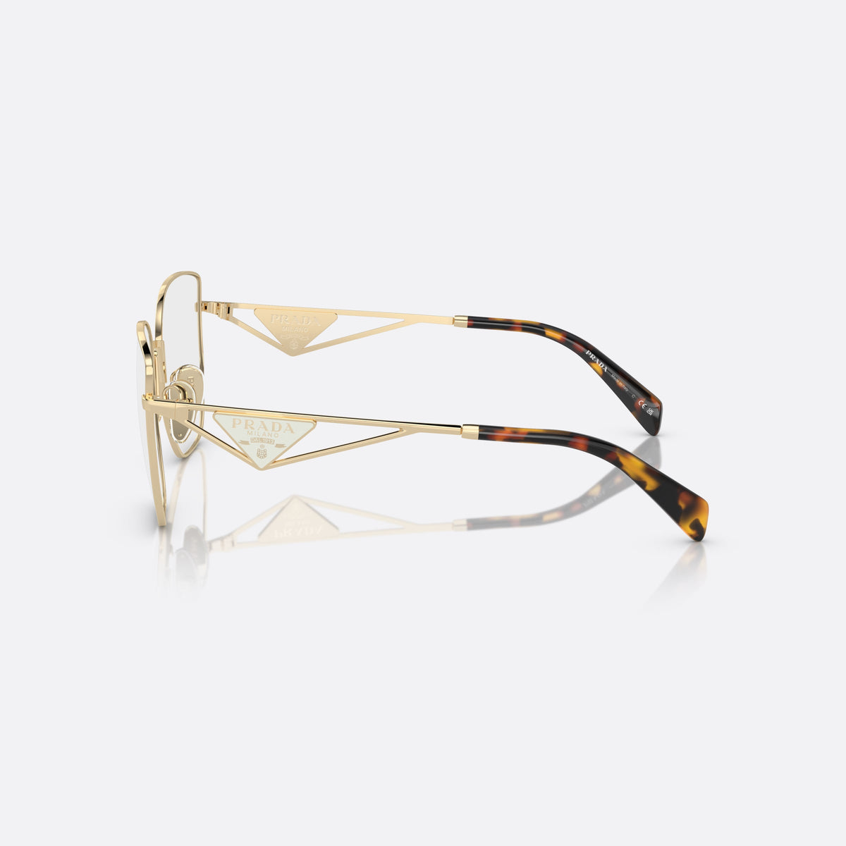 Rame ochelari de vedere Prada PR A54VD ZVN1O1 A, fluture auriu, pentru femei, punte metalică simplă, logo al brandului pe brațe, vedere laterală