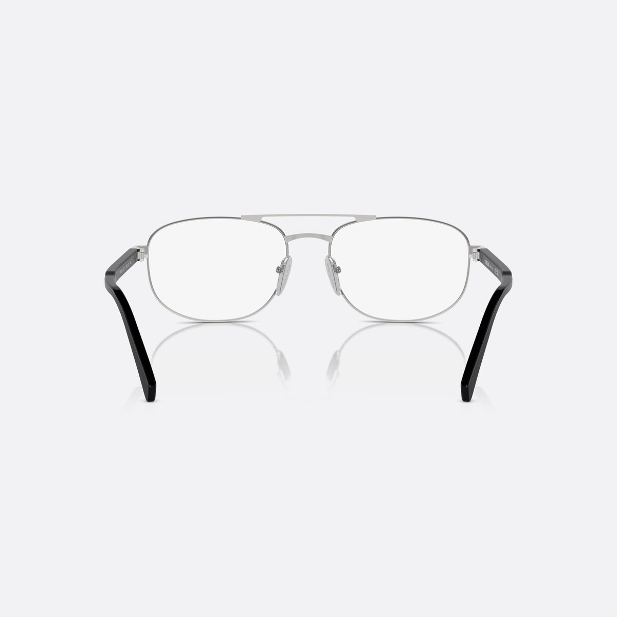 Prada PR A56V 1BC1O1 eyeglasses, silver round frame for men, double bridge with top bar, brand lettering on the temples, back view