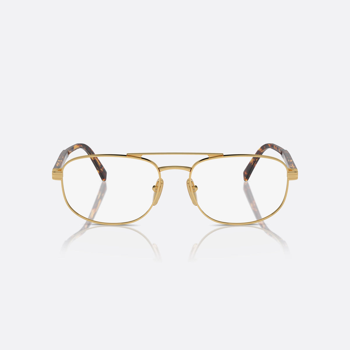 Prada PR A56V 5AK1O1 eyeglasses, gold round frame for men, double bridge with top bar, brand lettering on temples, front view