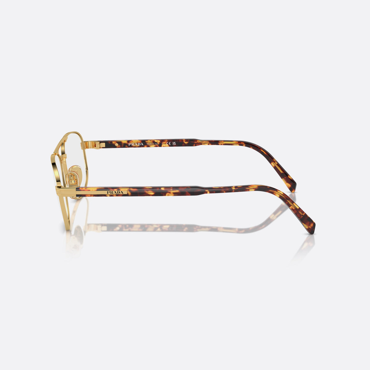 Prada PR A56V 5AK1O1 eyeglasses, gold round frame for men, double bridge with top bar, brand lettering on temples, side view