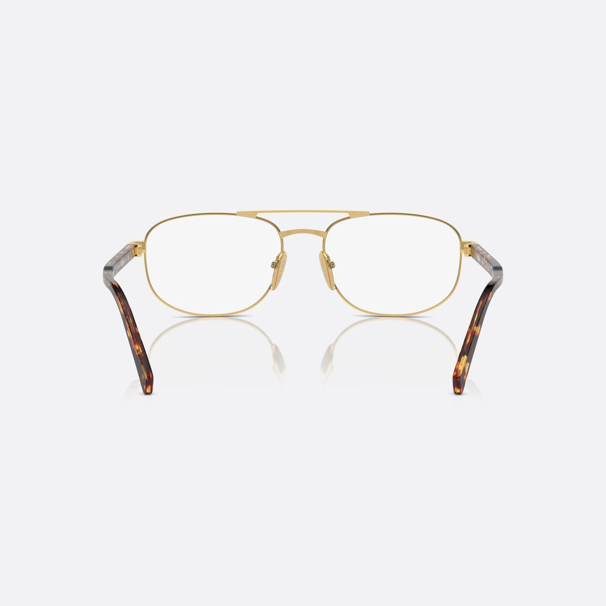 Prada PR A56V 5AK1O1 eyeglasses, gold round frame for men, double bridge with top bar, brand lettering on temples, back view