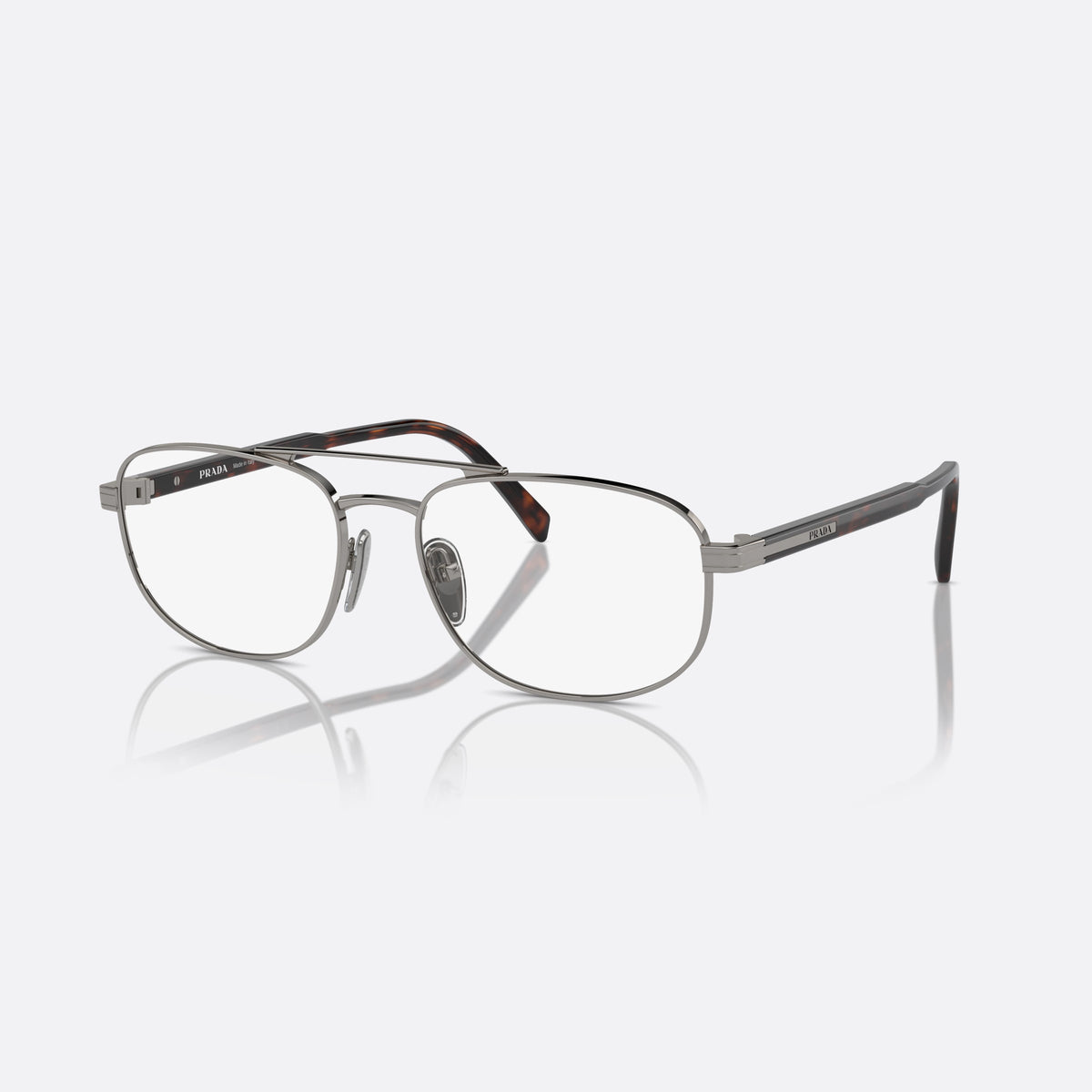 Prada PR A56V 5AV1O1 eyeglasses, grey round frame for men, double bridge with top bar, brand lettering on the temples