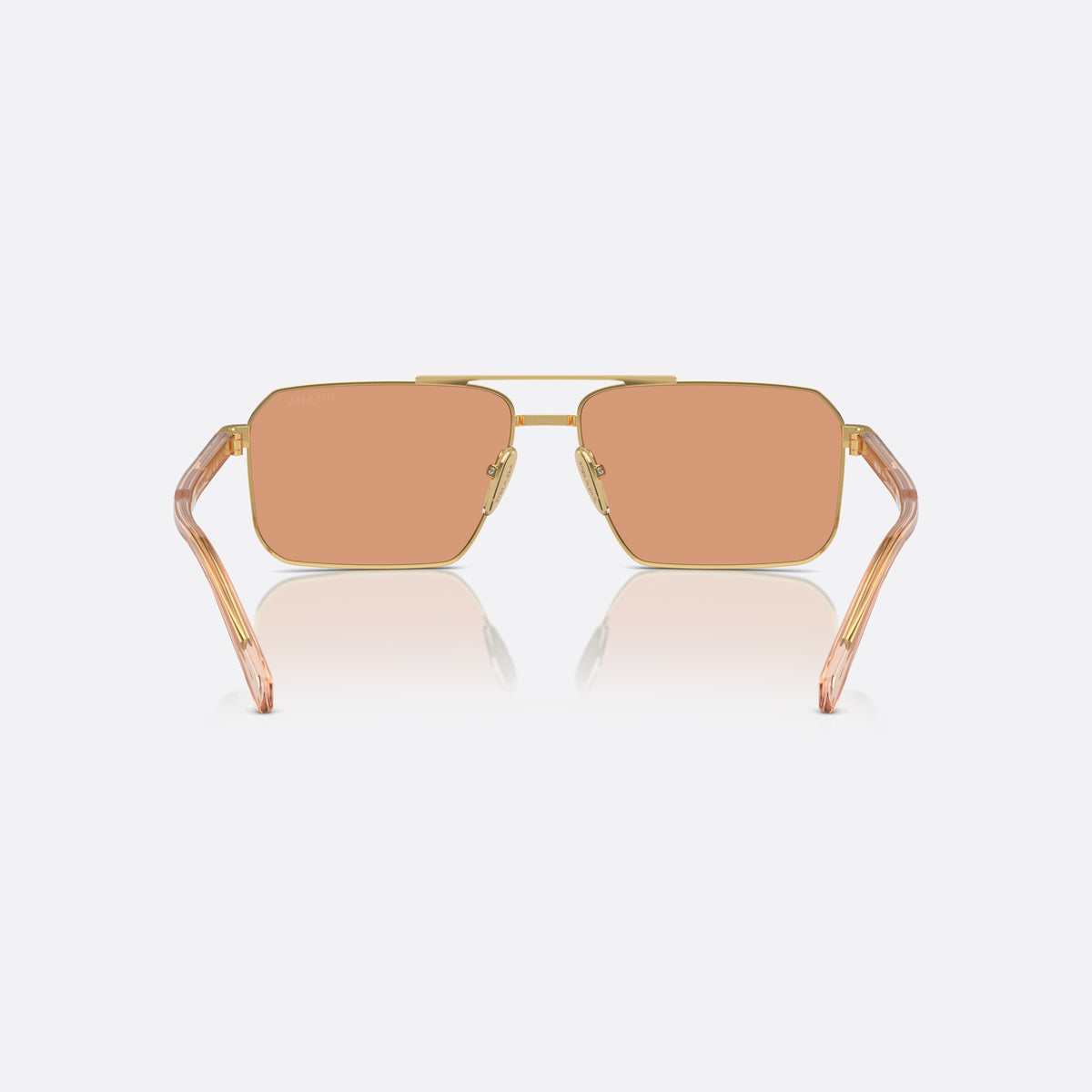 Ochelari de soare Prada PR A57S 5AK07V, rectangulari auriu, pentru bărbați, punte dublă cu bară superioară, literele brandului pe brațe, vedere din spate