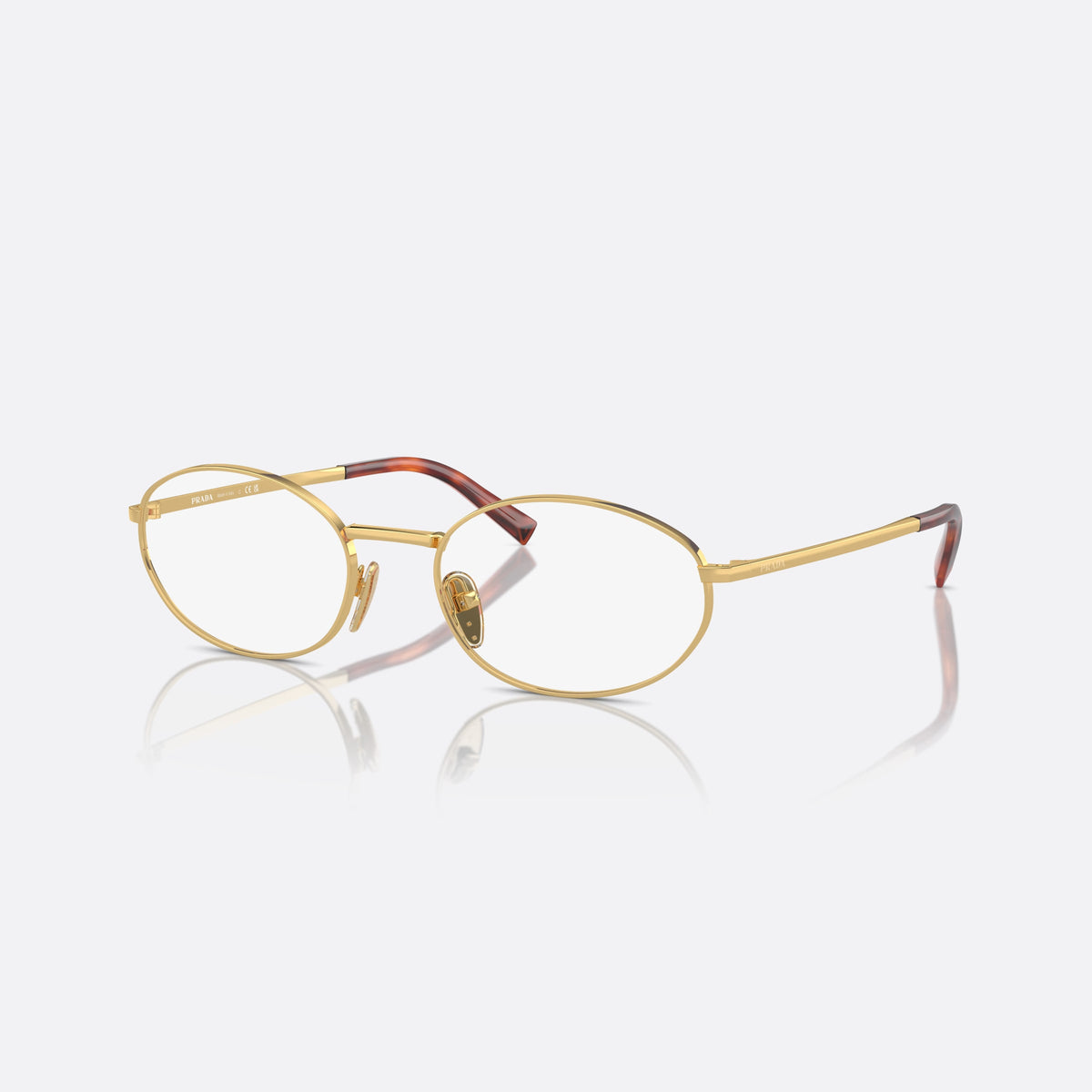 Prada PR A57V 5AK1O1 eyeglasses, gold round frame for women, plain metal bridge, brand lettering on temples