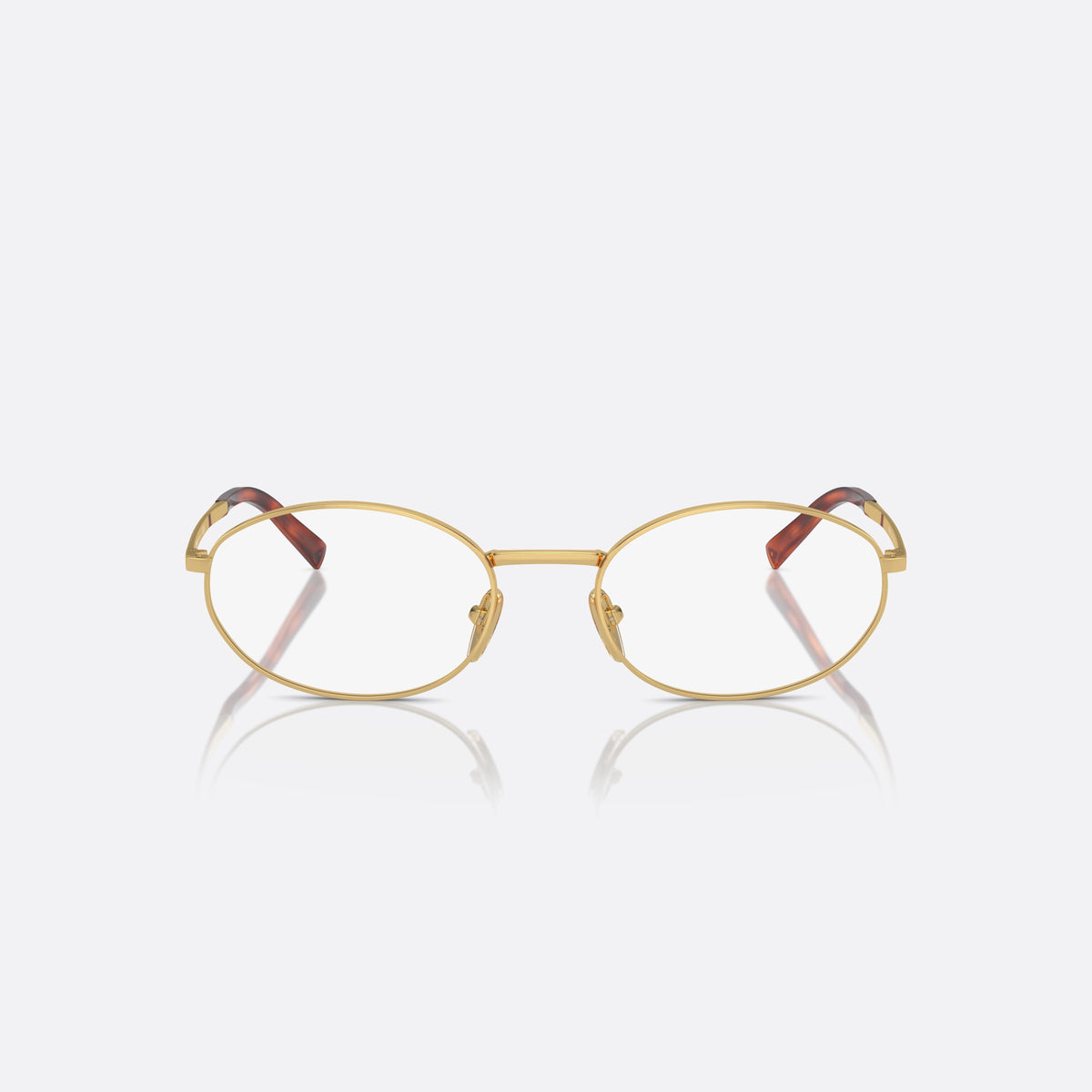 Prada PR A57V 5AK1O1 eyeglasses, gold round frame for women, plain metal bridge, brand lettering on temples, front view