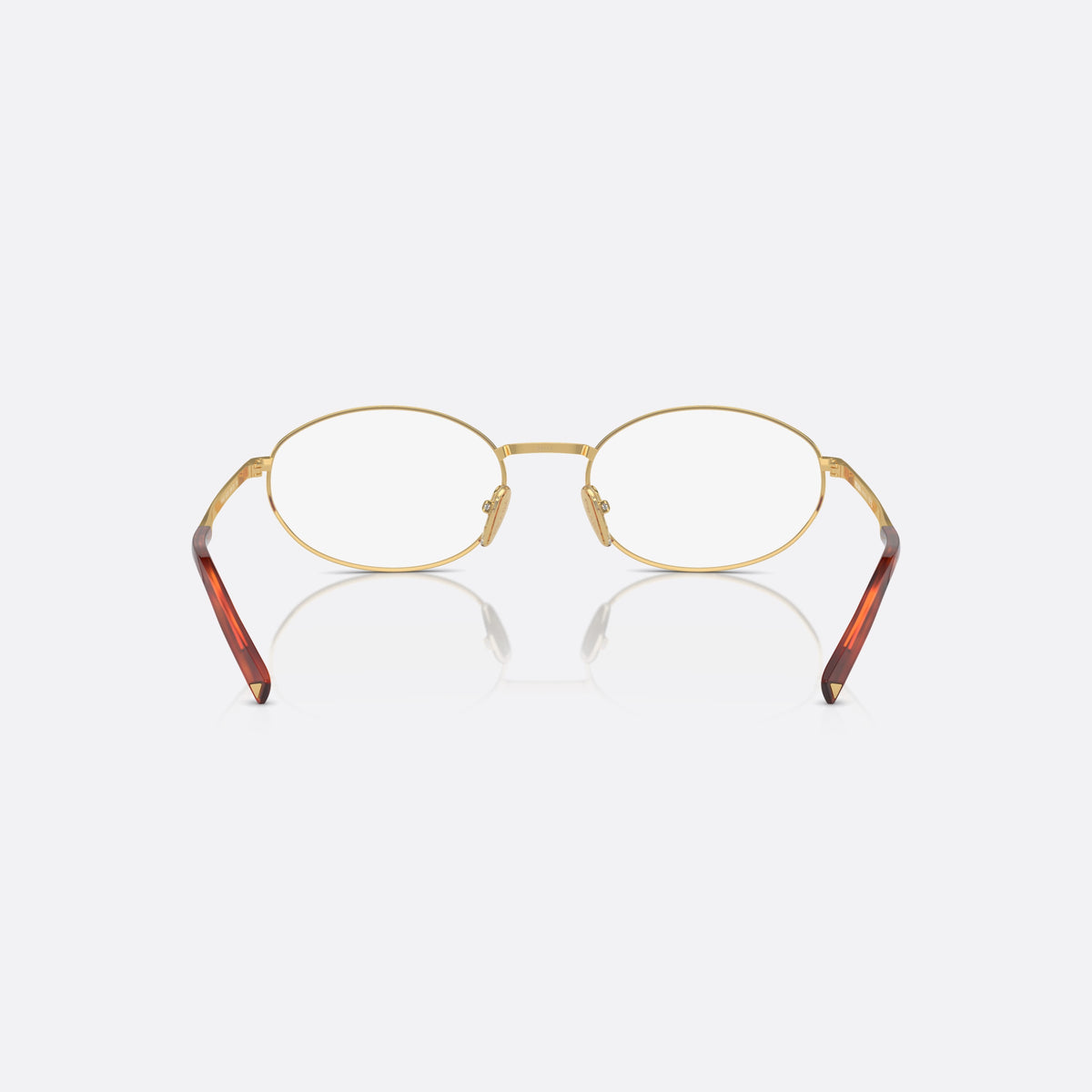 Prada PR A57V 5AK1O1 eyeglasses, gold round frame for women, plain metal bridge, brand lettering on temples, back view