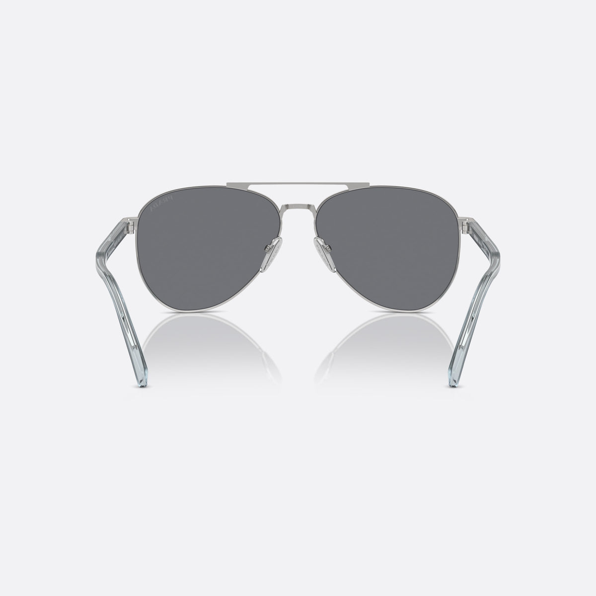 Prada PR A58S 1BC-175 sunglasses, silver pilot frame for men, double bridge with top bar, brand lettering on the temples, back view