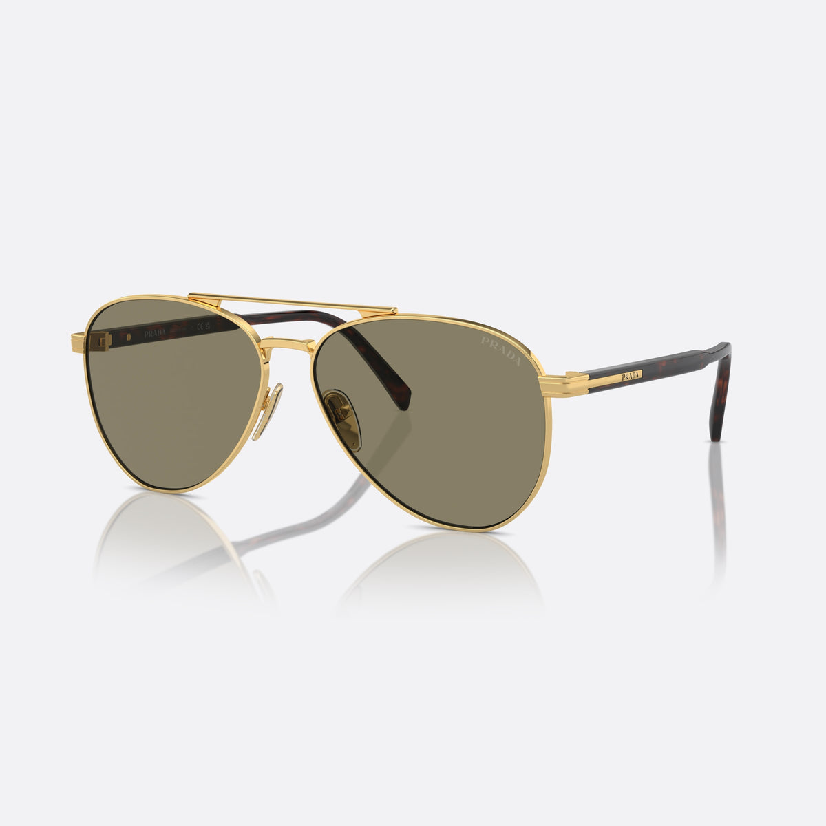 Prada PR A58S 5AK-90F sunglasses, gold pilot frame for men, double bridge with top bar, brand lettering on the temples