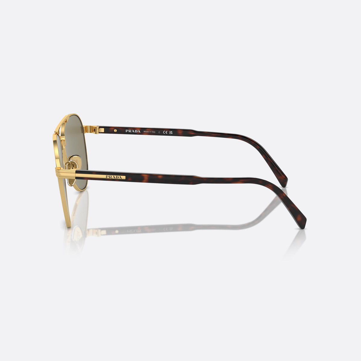 Prada PR A58S 5AK-90F sunglasses, gold pilot frame for men, double bridge with top bar, brand lettering on the temples, side view