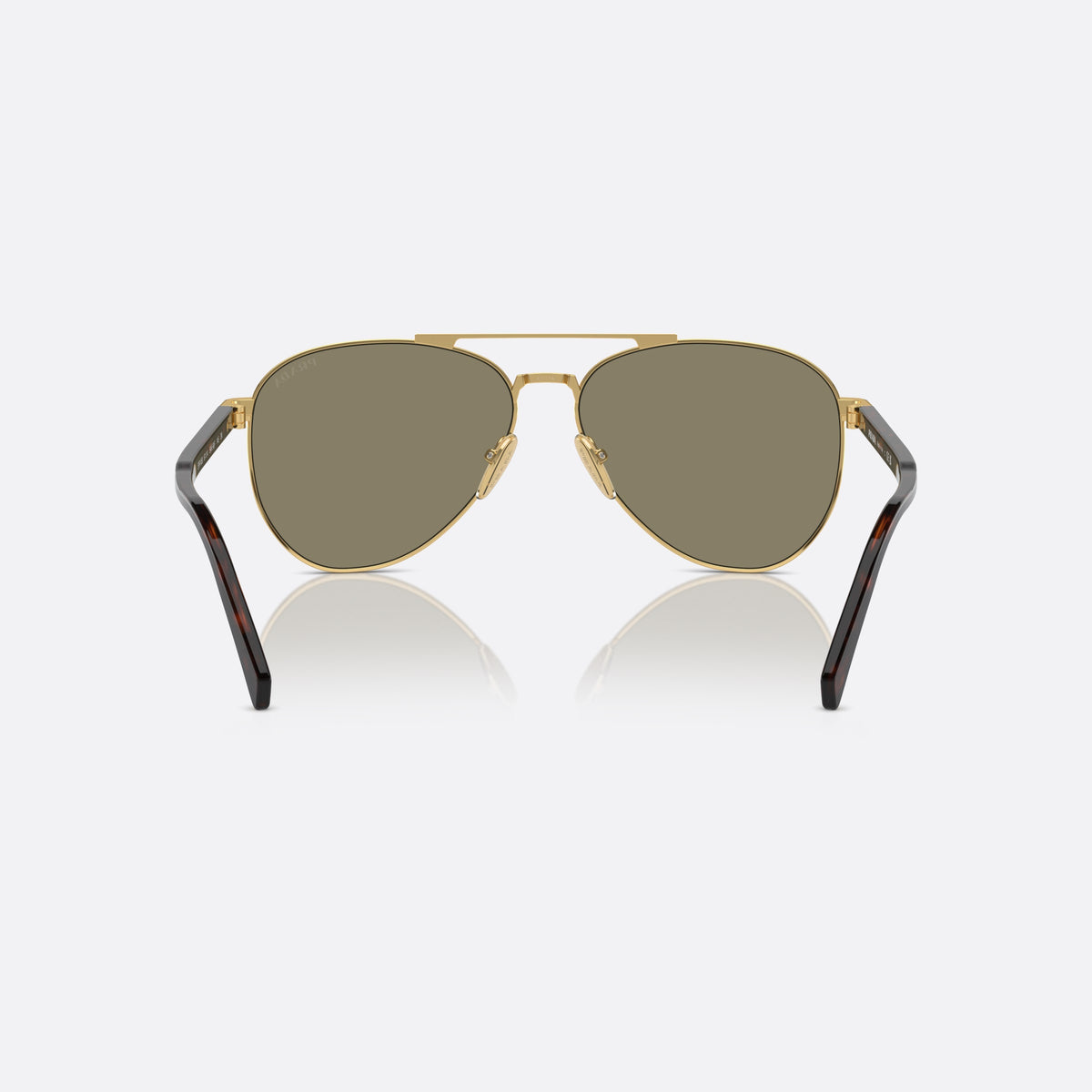 Prada PR A58S 5AK90F sunglasses, gold pilot frame for men, double bridge with top bar, brand logo on the lens, back view