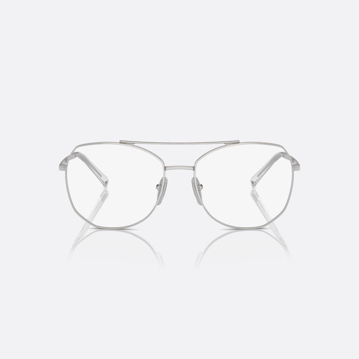 Prada PR A58V 1BC1O1 eyeglasses, silver pilot frame for women, double bridge with top bar, brand lettering on the temples, front view