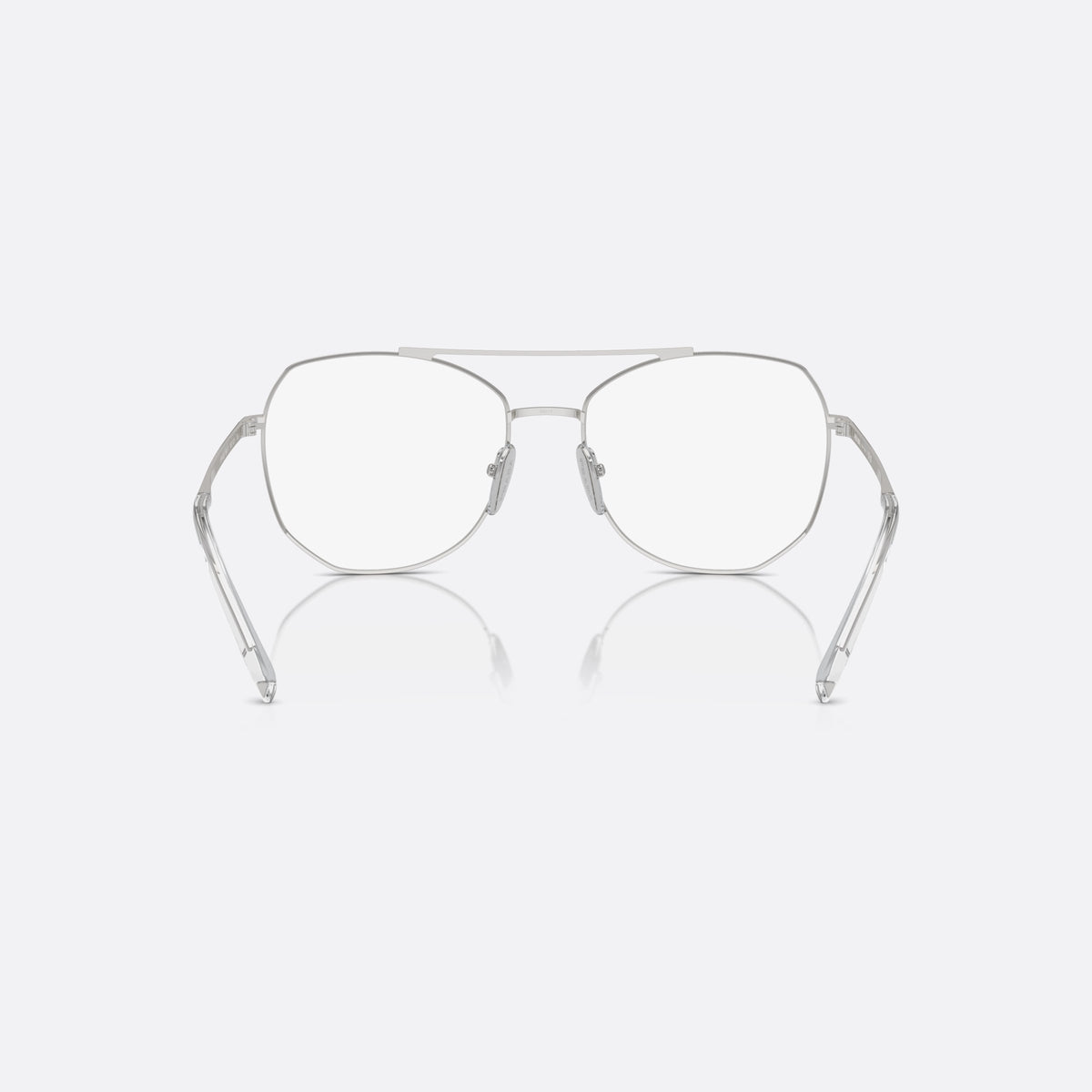 Prada PR A58V 1BC1O1 eyeglasses, silver pilot frame for women, double bridge with top bar, brand lettering on the temples, back view