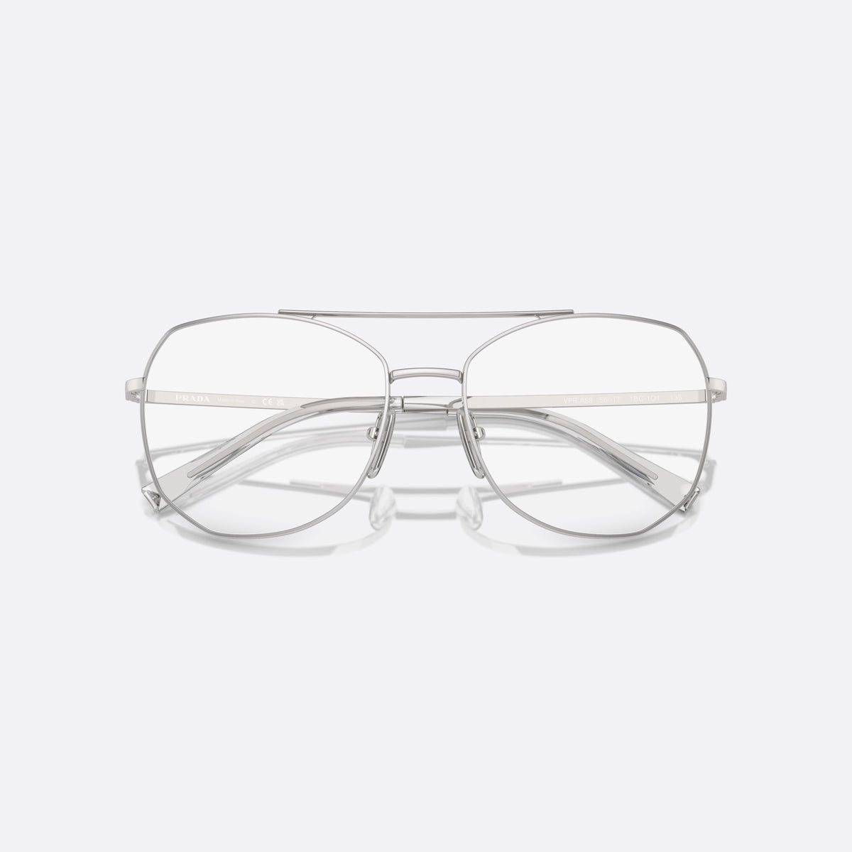 Prada PR A58V 1BC1O1 eyeglasses, silver pilot frame for women, double bridge with top bar, brand lettering on the temples, folded