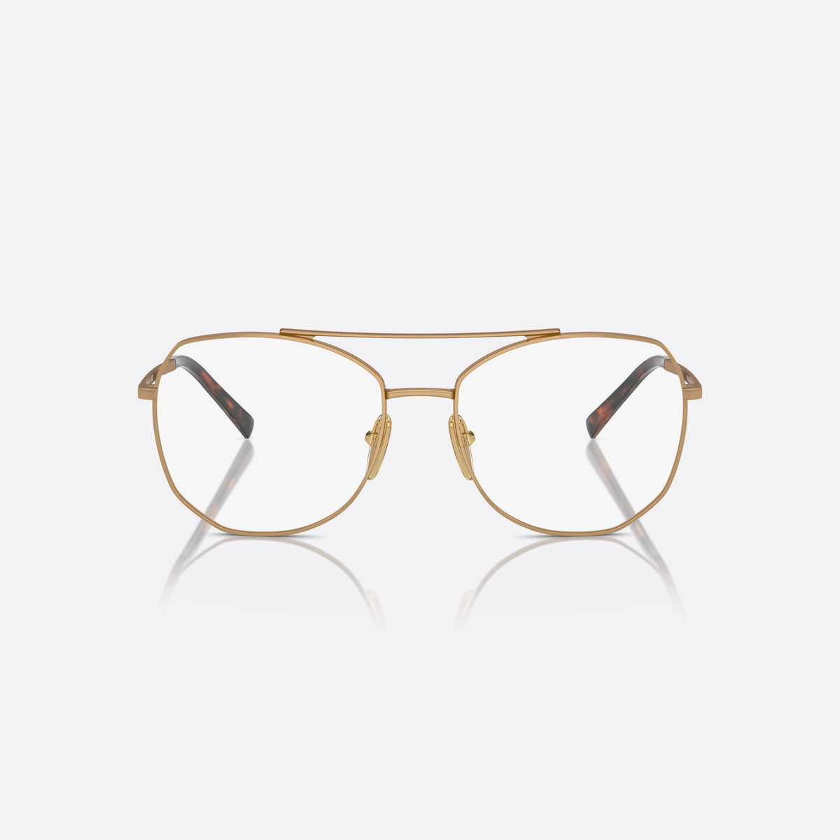 Prada PR A58V 7OE1O1 eyeglasses, gold pilot frame for women, double bridge with top bar, brand lettering on the temples, front view