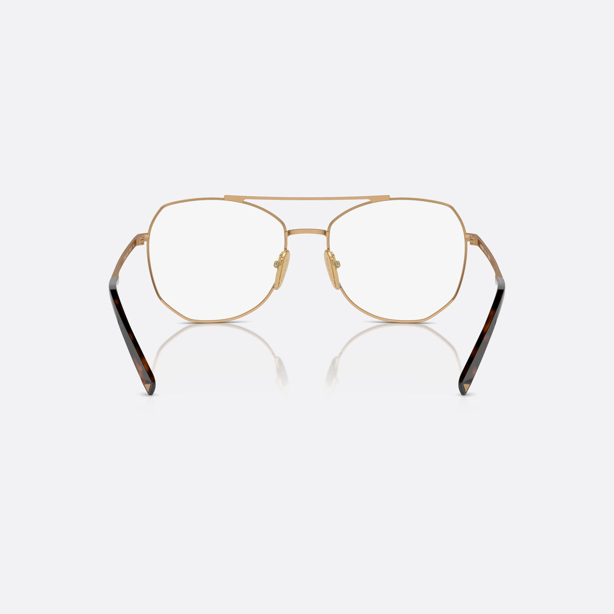 Prada PR A58V 7OE1O1 eyeglasses, gold pilot frame for women, double bridge with top bar, brand lettering on the temples, back view