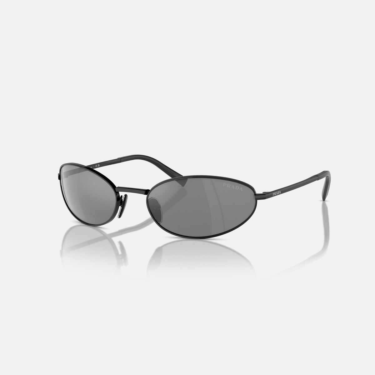 Prada PR A59S 1AB60G sunglasses, black oval frame for women, plain metal bridge, brand lettering on temple