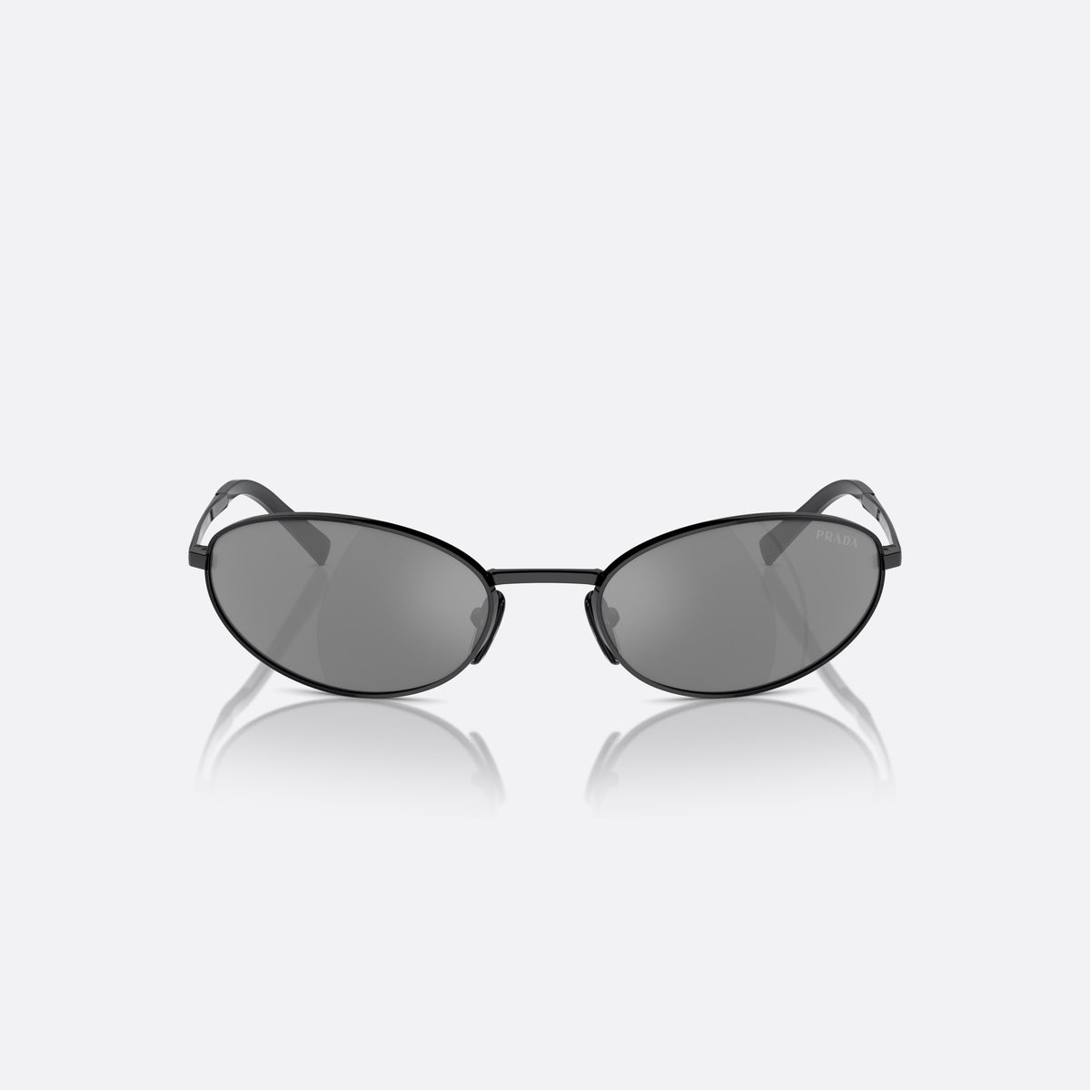 Prada PR A59S 1AB60G sunglasses, black oval frame for women, plain metal bridge, brand lettering on temple, front view