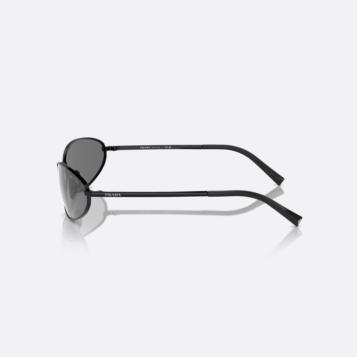 Prada PR A59S 1AB60G sunglasses, black oval frame for women, plain metal bridge, brand lettering on temple, side view