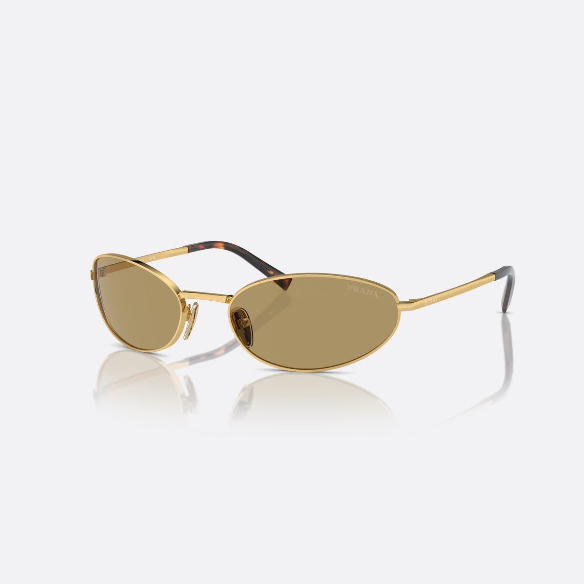 Prada PR A59S 5AK70G sunglasses, gold oval frame for women, plain metal bridge, brand lettering on temples