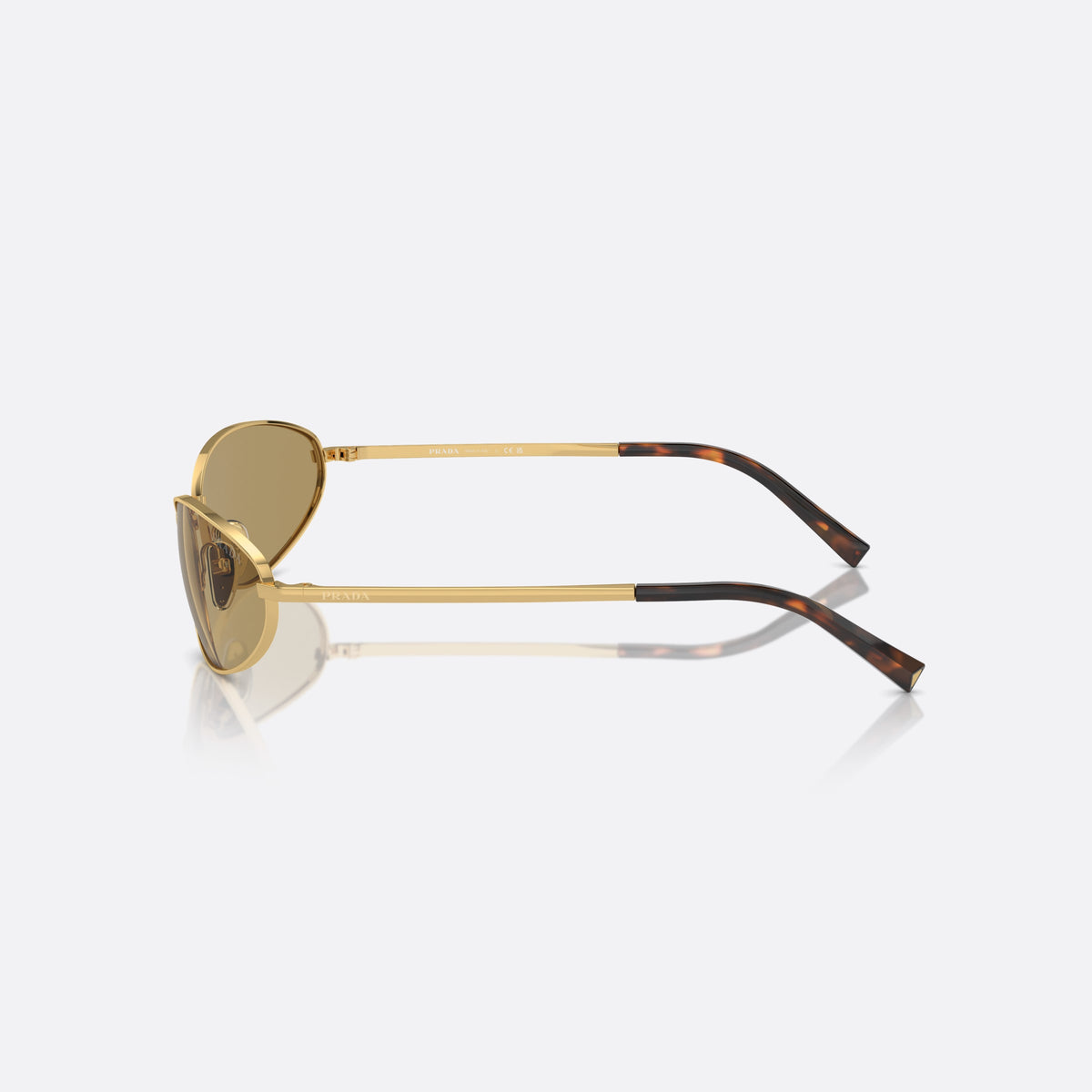 Prada PR A59S 5AK70G sunglasses, gold oval frame for women, plain metal bridge, brand lettering on temples, side view