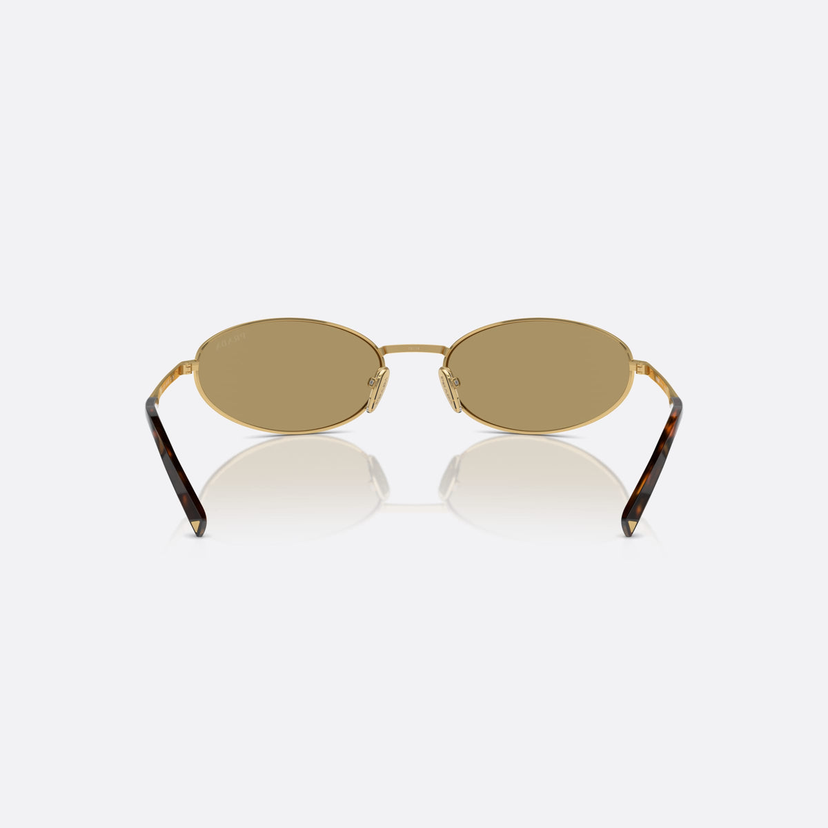 Prada PR A59S 5AK70G sunglasses, gold oval frame for women, plain metal bridge, brand lettering on temples, back view