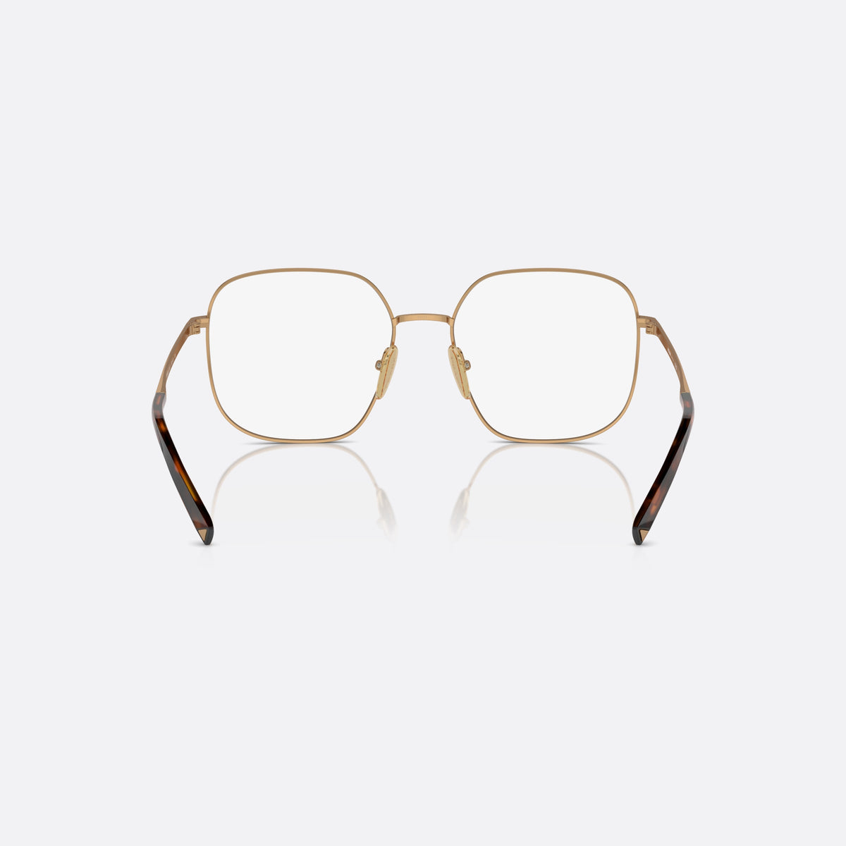 Rame ochelari de vedere Prada PR A59V 7OE1O1, geometrica maro, pentru femei, punte tip șa cu bară metalică, literele brandului pe brațe, vedere din spate