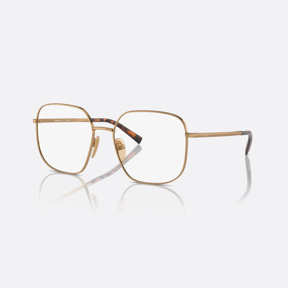 Rame ochelari de vedere Prada PR A59V 7OE1O1, geometrica maro, pentru femei, punte tip șa cu bară metalică, literele brandului pe brațe